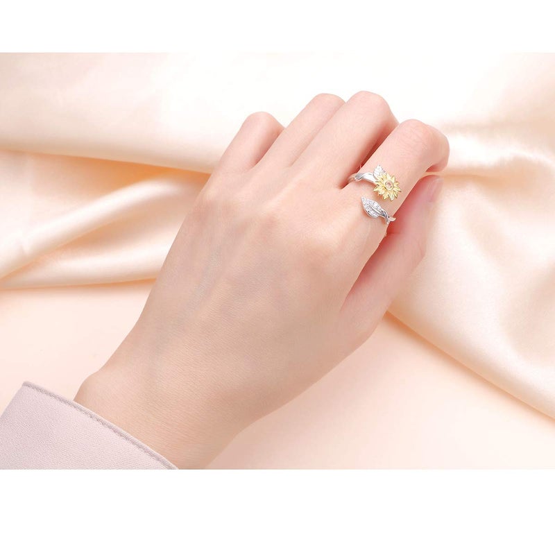DAOCHONG Sterling Silver You are My Sunshine Sunflower CZ Heart Ring Adjustable Size 5-9 (5) - Image 2